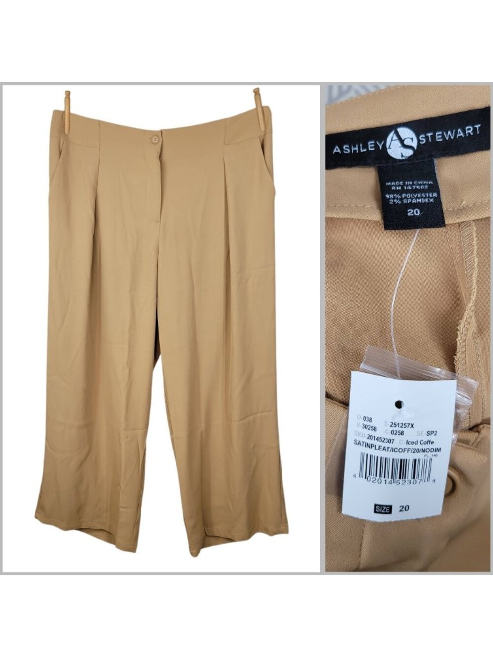NEW Ashley Stewart Plus 20 Dress Pants Trousers Tan Brown Wide leg Pleat Career
